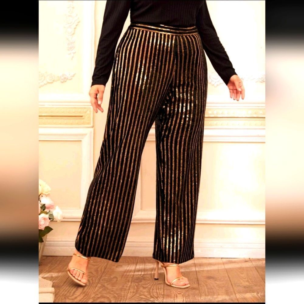 Elegant Black and Gold Striped Women's Pants
